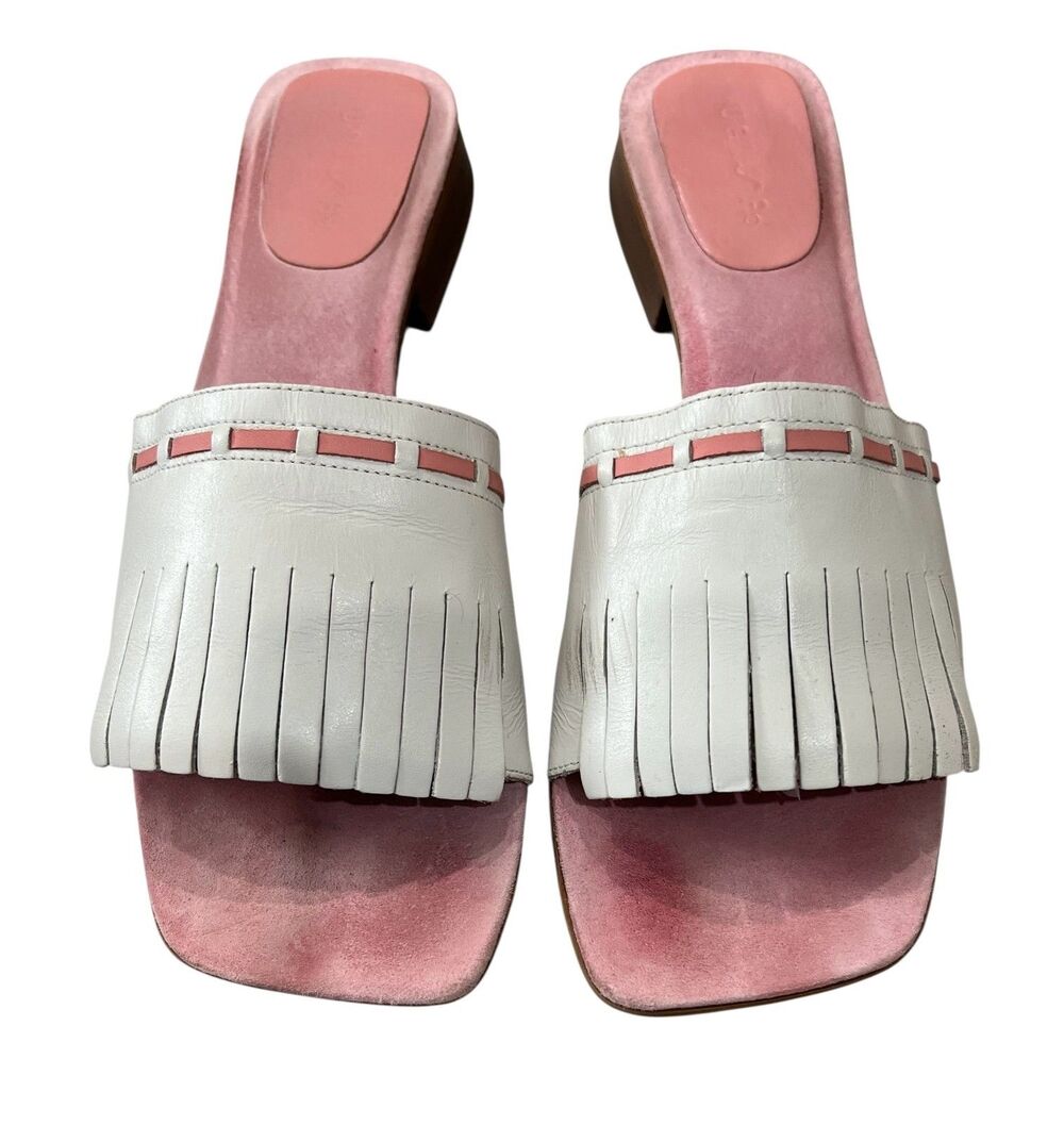 Unisa White Fringed Leather Slide Sandals w Pink Trim  US 10  Coastal Cowgirl